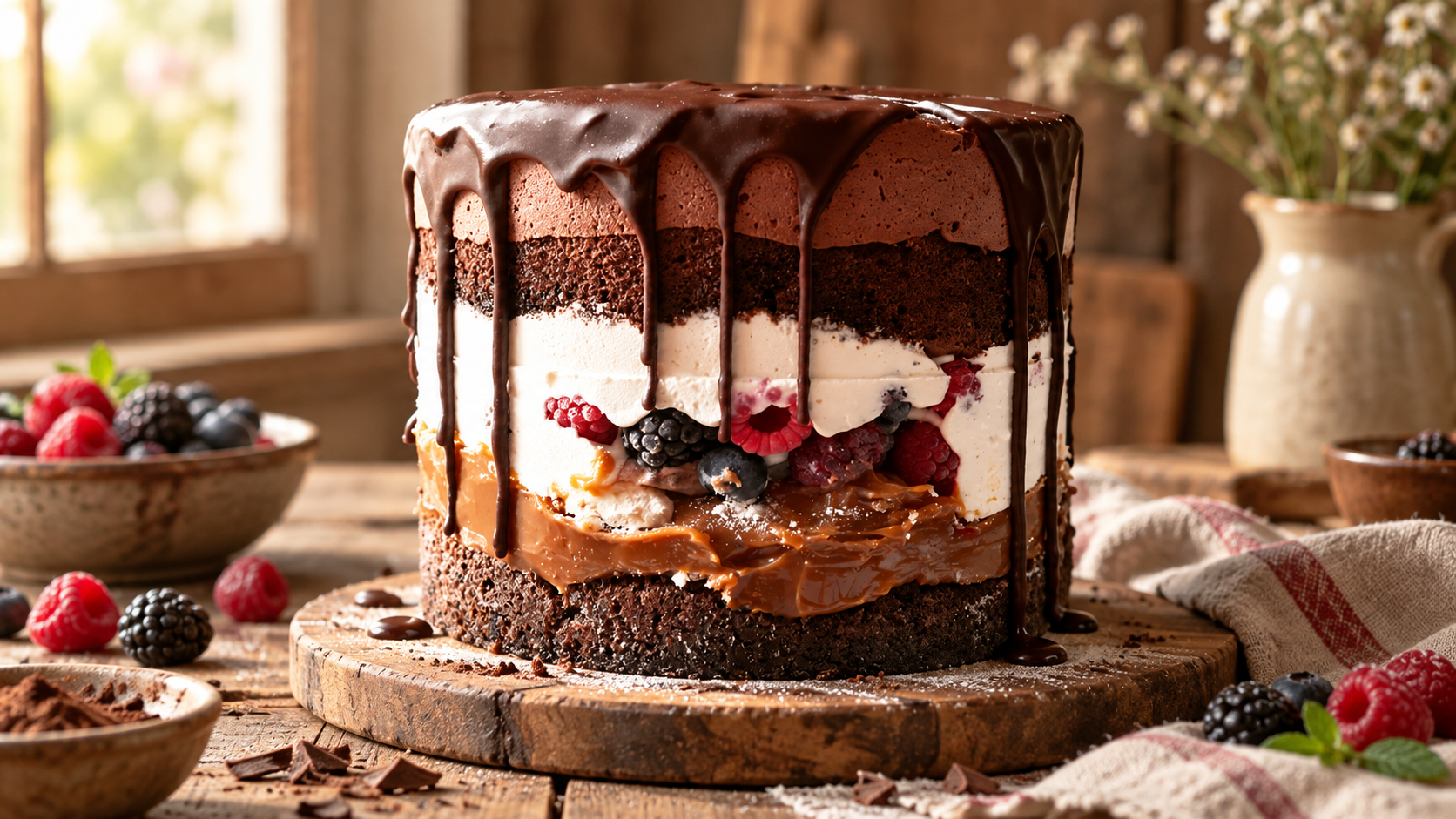 Torta artesanal de chocolate en capas con crema, dulce de leche y frutos rojos